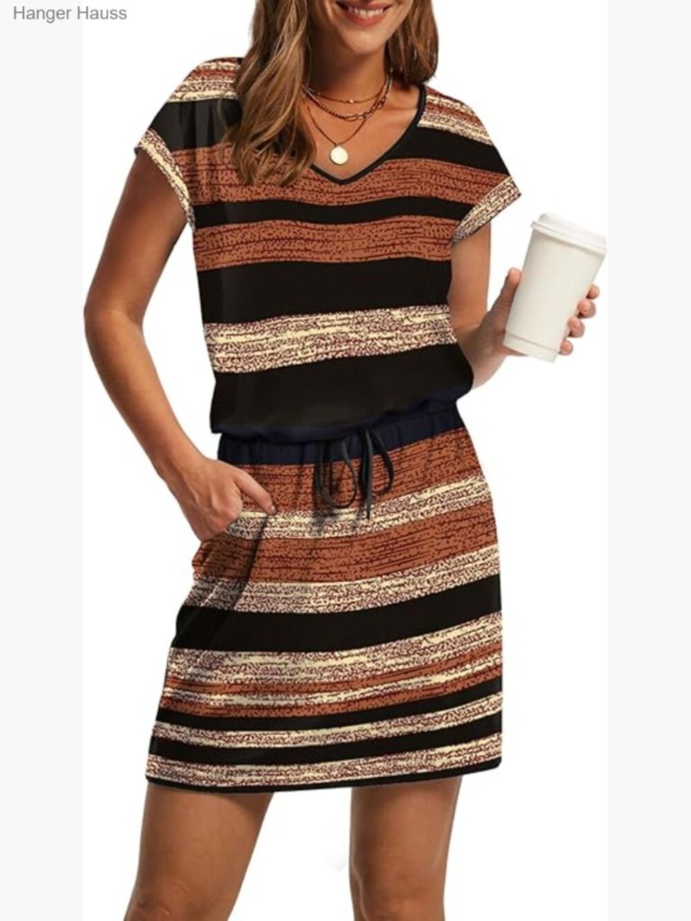 V-Neck Tie Waist Casual Mini Dress with Pockets, Lightweight Polyester Blend